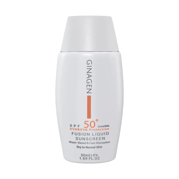 Ginagen-SPF50-Fusion-Liquid-Sunscreen-For-Dry-Skin-50-ml لیکوئید ضد آفتاب بی رنگ پوست خشک و نرمال SPF50 ژیناژن 50 میلی لیتر - Image 1