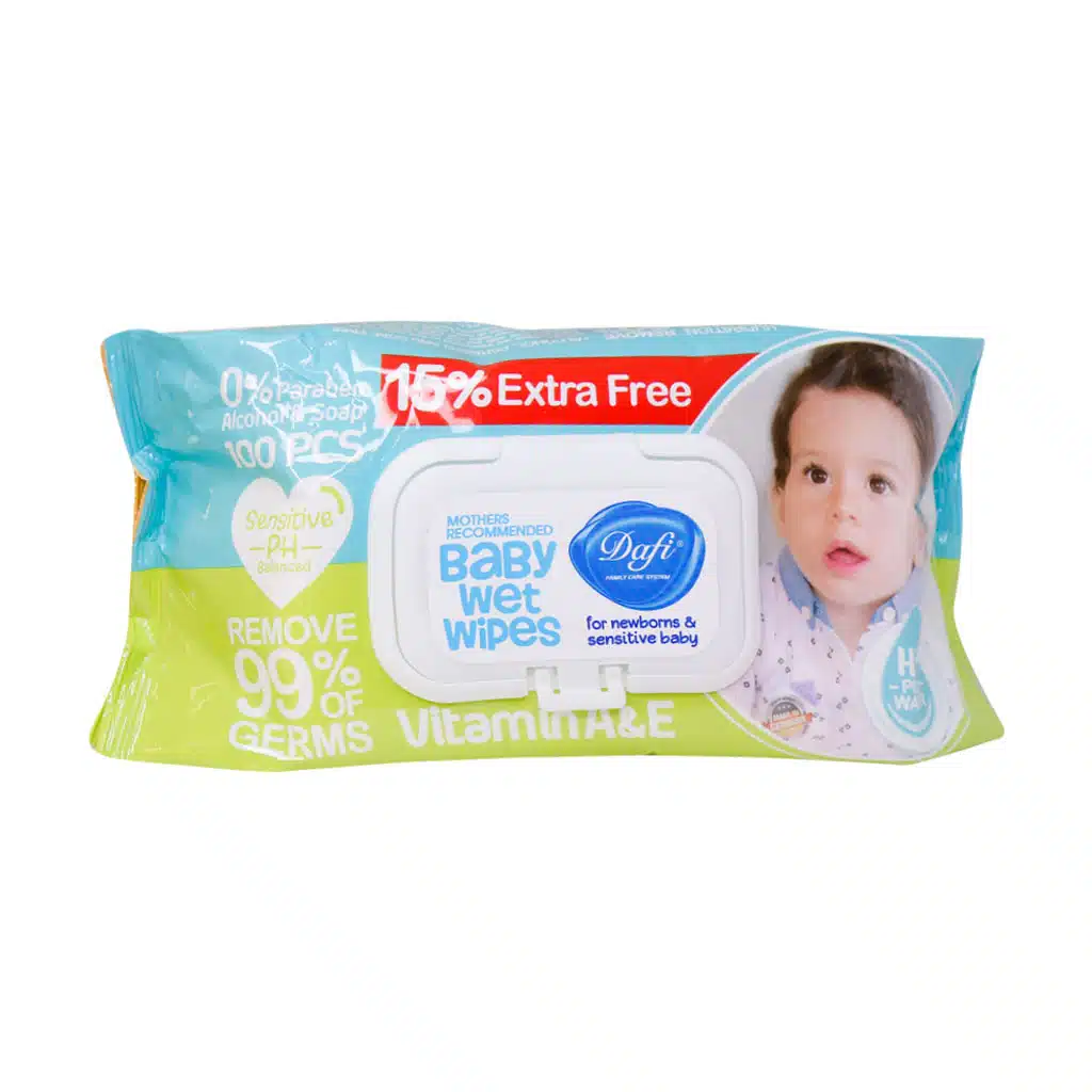 Dafi-Calendula-Baby-Wet-Wipes-100-Pcs.jpg دستمال مرطوب کودک پوست حساس دافی حاوی عصاره کالاندولا 100 عدد - Image 1