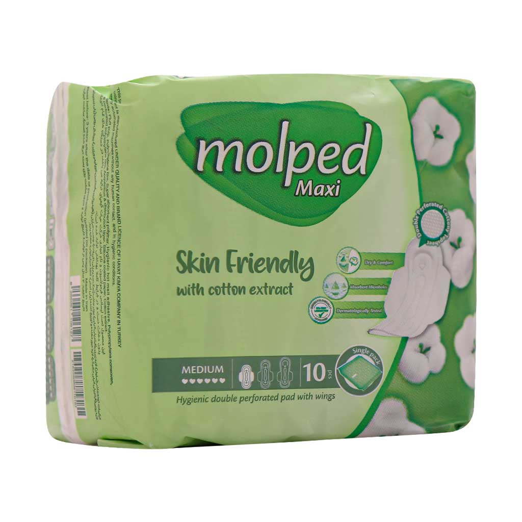 Molped-Maxi-Hygienic-Double-Perforated-Pad-Size-Medium-10-Pcs نوار بهداشتی بالدار نیمه ضخیم مشبک مولپد مدل Maxi سایز متوسط 10 عدد - Image 1