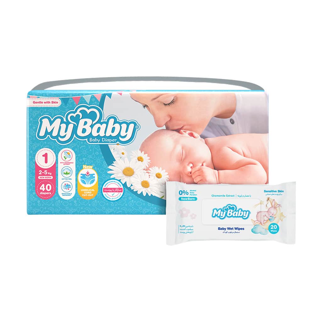 My-Baby-Size-۱-Baby-Diaper-With-Chamomile-Extract-40 پوشک سایز ۱ مای بیبی مناسب وزن ۲ تا ۵ کیلوگرم 40 عددی - Image 1